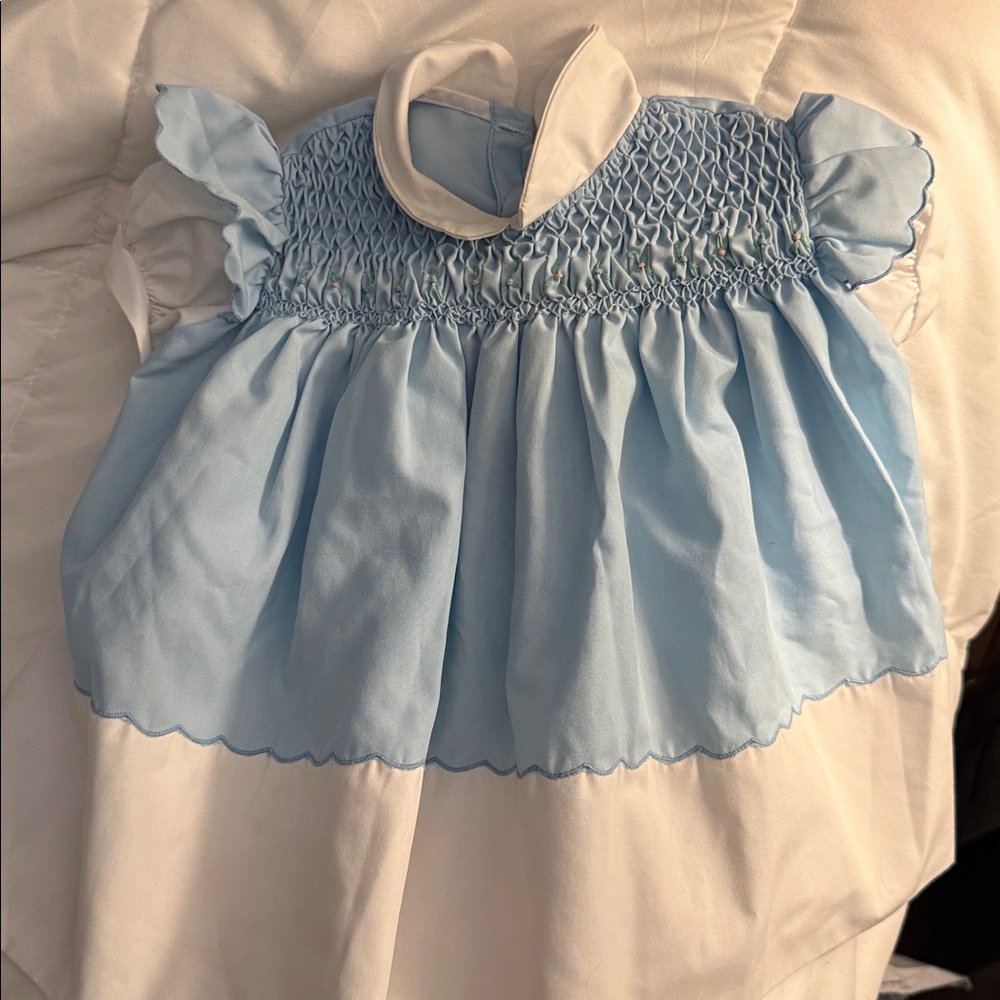 Vintage Smocked Light Blue and White Girls' Formal Dress